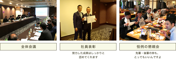 全体会議の様子 社員表彰の様子 努力した成果はしっかりと認めてくれます 恒例の懇親会 先輩・後輩の仲も、とってもいいんですよ